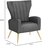 Modern Velvet Accent Chair, Channel Tufted Bedroom, Office or Living Room Furniture with Elegant Metal Legs, 26" Wide Armchair, Grey