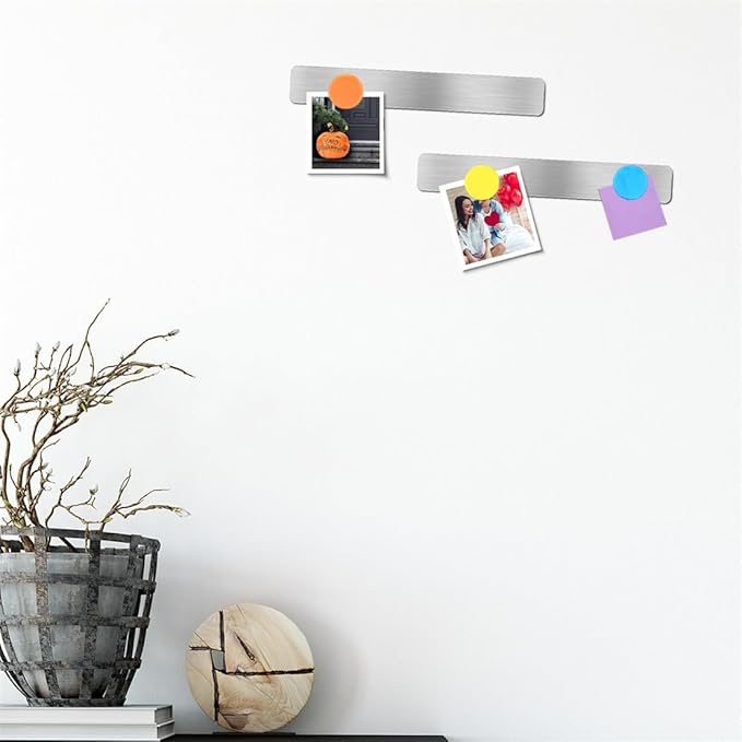 Magnetic Bulletin Strips 5PCS Self Adhesive Frameless Stainless Iron Bulletin Board Bar with 10 Magnetic Buttons for Memo Photo Notes Office School Home