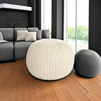 HOMBYS Unstuffed Ottoman Pouf Cover, 100% Cotton Handmade Knitted Ottoman Pouf Cover Round Foot Stool, Floor Bean Bag Chair, Foot Rest with Storage for Living Room Bedroom, Beige(Cover ONLY NO Filler)