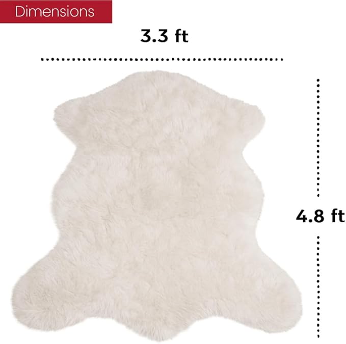 Silky Soft Faux Fur Rug, 5 ft. x 7 ft. White Fluffy, Made in France, Sheepskin, Shaggy Rug for Living Room, Bedroom, Kid's Room, or Nursery, Home Décor Accent with with Non-Slip Backing
