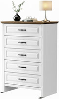 Marsail Farmhouse 5 Drawer Dresser, Wood Chest of Drawers with Natural Texture, Smooth Gliding Drawers, Versatile Storage Organizer Cabinet for Bedroom & Living Room, White and Brown