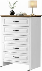 Marsail Farmhouse 5 Drawer Dresser, Wood Chest of Drawers with Natural Texture, Smooth Gliding Drawers, Versatile Storage Organizer Cabinet for Bedroom & Living Room, White and Brown