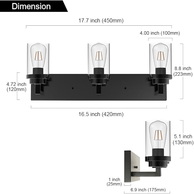 MELUCEE Vintage Bathroom Lighting Fixtures Over Mirror, 3-Light Modern Vanity Lights Black Finish Industrial Wall Sconce with Clear Glass Shade