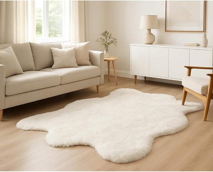 Silky Soft Faux Fur Rug, 5 ft. x 7 ft. White Fluffy, Made in France, Sheepskin, Shaggy Rug for Living Room, Bedroom, Kid's Room, or Nursery, Home Décor Accent with with Non-Slip Backing