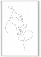 Minimalist Face to Face Wall Art Two Portraits Continuous Line Drawing 24x36 Inch Oak Wood White Framed Modern Aesthetic Profile Print for Bedroom Decor