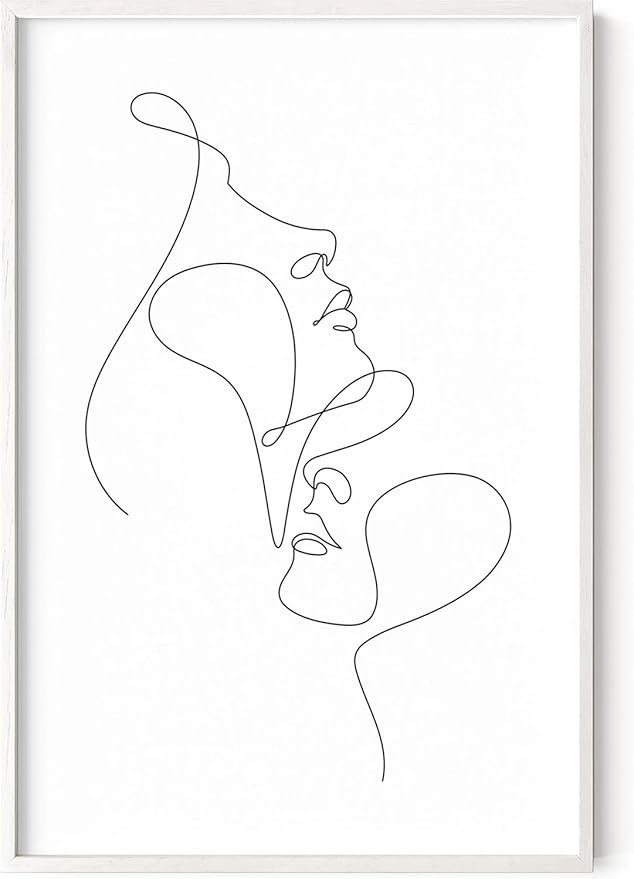 Minimalist Face to Face Wall Art Two Portraits Continuous Line Drawing 24x36 Inch Oak Wood White Framed Modern Aesthetic Profile Print for Bedroom Decor