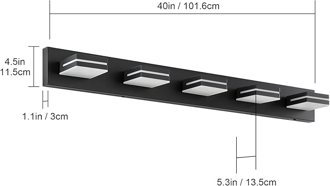 Bathroom Vanity Lighting Fixtures Over Mirror (5-Light, 40-Inch) Dimmable Modern LED Bathroom Wall Lighting Fixtures, Matte Black (3000K/3500K/4000K/5000K/6000K)