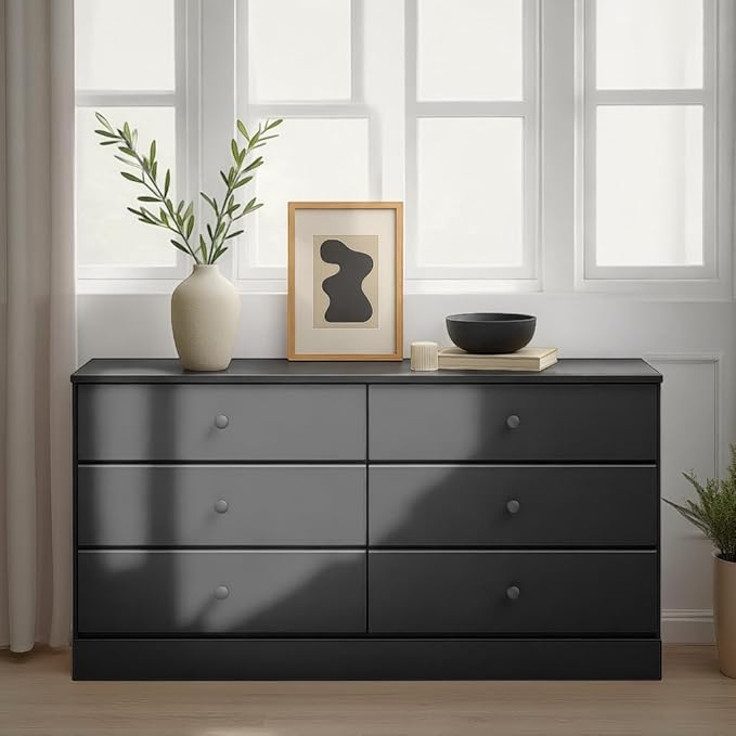 Prepac Astrid 6 Drawer Double Dresser for Bedroom, Wide Chest of Drawers, Bedroom Furniture, Clothes Storage and Organizer, 47.25"W x 28.25"H x 16"D, Black