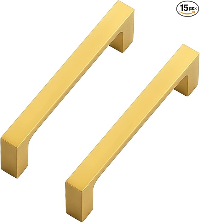Ravinte 15 Pack Solid 3-1/2 Inch Square Cabinet Handles - Brushed Brass Drawer Pulls - Kitchen Hardware and Handles