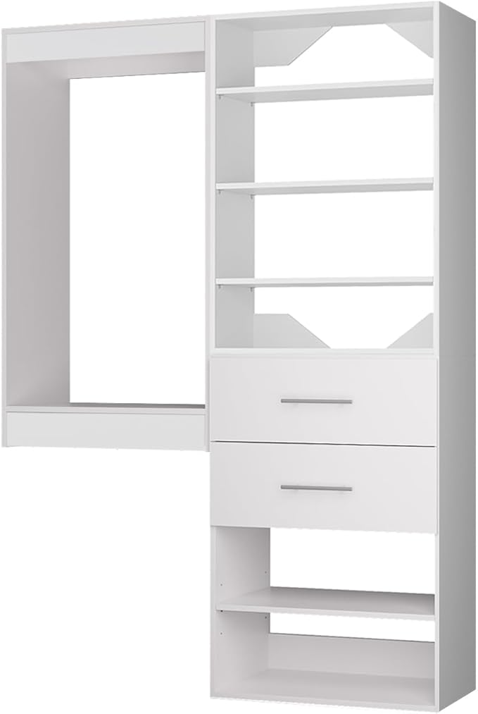 ROOMTEC Modular Closet System, 55" Wall Mounted Closet Organizer with Hanging Rods and Drawers, Wooden Tower for Walk-In Closets, Wardrobe Storage Kit, White