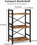 Small Bookshelf for Small Spaces, 3-Tier Industrial Bookcase with Metal Frame and Wood Shelves, Narrow Storage Shelf for Living Room, Bedroom, Apartment