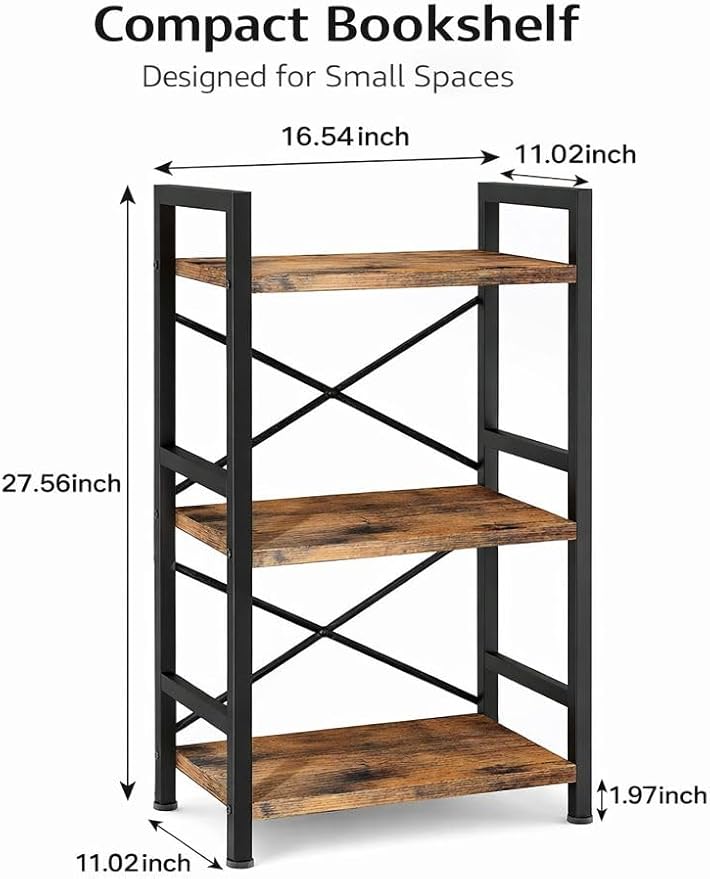 Small Bookshelf for Small Spaces, 3-Tier Industrial Bookcase with Metal Frame and Wood Shelves, Narrow Storage Shelf for Living Room, Bedroom, Apartment