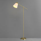 Globe Electric 69" Floor Lamp, Swing Arm, Matte Brass Plated, White Tapered Fabric Shade, On/Off Rotary Switch on Socket, 5-Foot Clear Cord, 1-Light, 40W E26/Medium Base Bulb