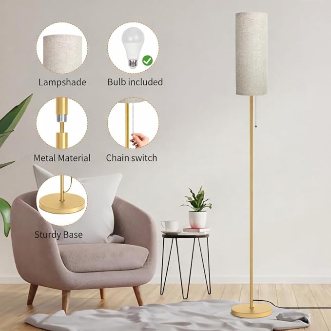 Modern Floor Lamp for Living Room, Gold Standing Lamps with 3 Color Temperatures Bulb, Minimalist Tall Lamp with Chain Switch for Bedroom, LED Bulb Included(Beige Shade+Gold)