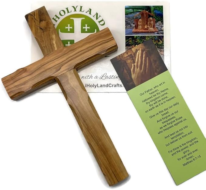 Olive Wood Wall Cross from Bethlehem, Wall Hanging Wooden Crosses, Christening Confirmation Cross Gift, Baptism Gifts, Holy Wall Cross, Hand Made religious décor Cross Holy Land (Large 8" x 5")