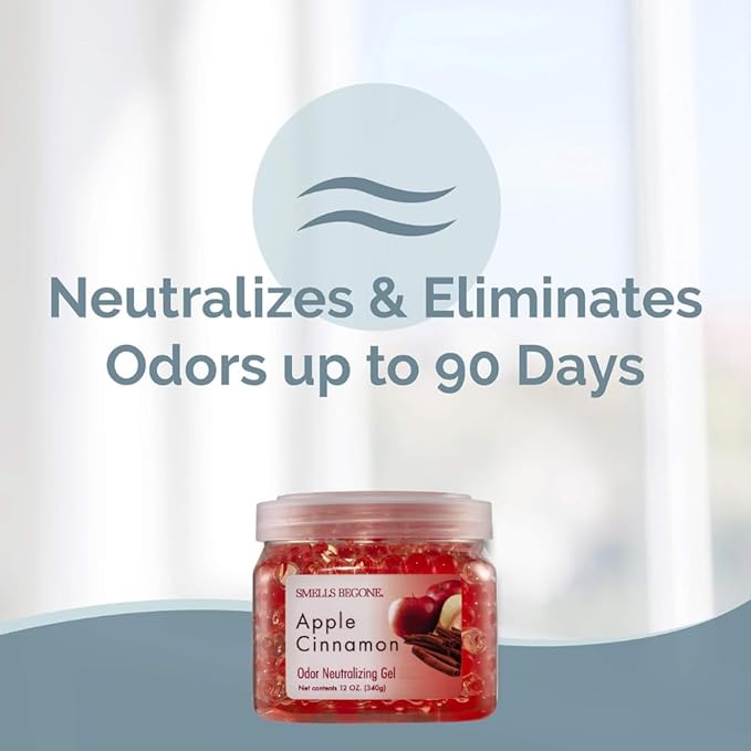 SMELLS BEGONE 12 oz Odor Eliminator Gel - Air Freshener - Absorbs & Eliminates Odor in Bathrooms, Basements, Cars, Boats, RVs & Pet Areas - Made with Essential Oils - Apple Cinnamon
