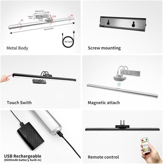 26" Wireless Picture Lights, Rechargeable Battery Art Display Light with Remote Control, Dimmable/Timer Off Dartboard Light, 3 Lighting Modes Full Metal Painting Display Lights (Black-2 Pack)