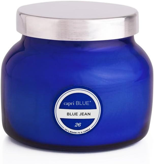 Capri Blue Scented Candles - Soy Candle Wax Blend - Jar Candles - Blue Candle Gifts for Women & Men - Luxury Candles for Home Scented with Citrus, White Musk & Patchouli - Blue Jean (8 oz)
