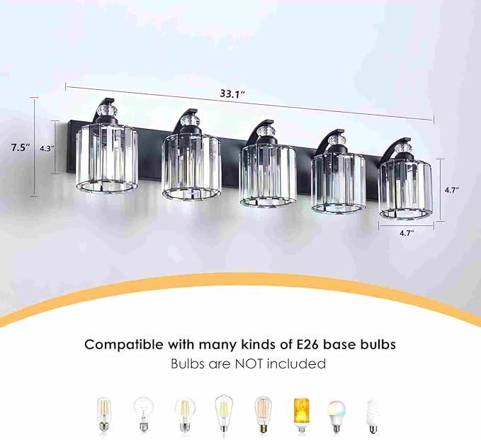 5-Light Black Bathroom Light Fixture Modern Vanity Lights Over Mirror Vintage Wall Sconce Lighting for Bathroom, Bedroom, Living Room, Hallway E26 Base with Crystal Bathroom Vanity Light