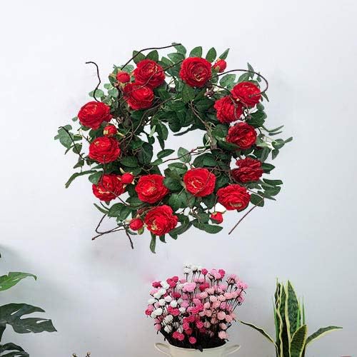 Huashen 24 Inch Blossom Cabbage Rose Wreath, Flame Red & Burgundy Flower Ivy, Everyday Farmhouse Wreath for Festival Celebration, Front Door, Wall, Window Hanging