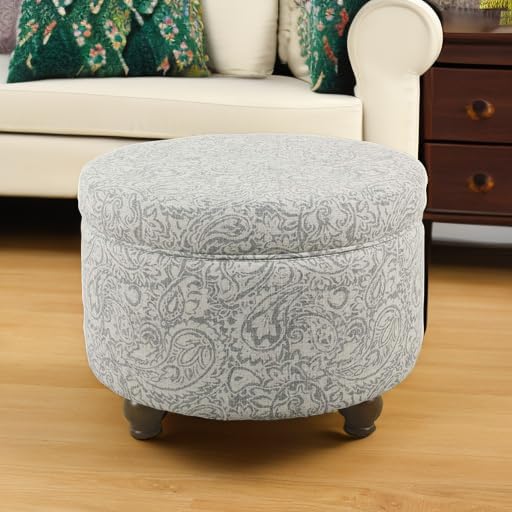 Homepop Home Decor | Upholstered Round Storage Ottoman | Ottoman with Storage for Living Room & Bedroom, Gray Floral