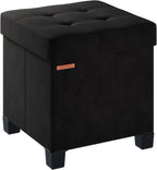 Cube Storage Ottoman, Velvet Foot Stool with Feet, Folding Storage Bench, End of Bed Bench, Storage Chest, for Living Room, Bedroom and Office, 15 x 15 x 15.7 Inches, Ink Black, ASND22B