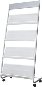 4-Layer Iron Magazine Rack with Wheels, Newspaper Rack, Display Rack, Silver (63)