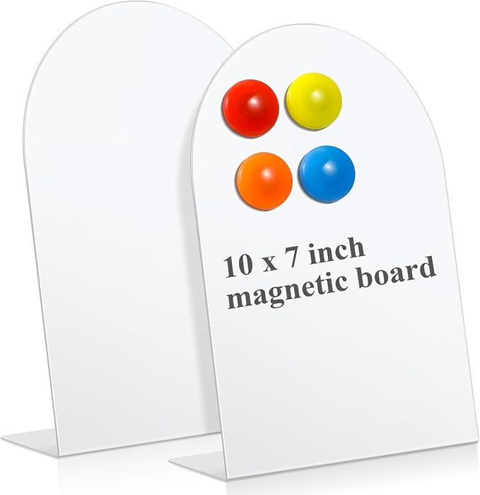 Shimeyao 2 Pcs Magnetic Bulletin Board for Tabletops with 8 Magnets Memo Display Easel Stand for Home Office School Kitchen Table Supplies (White, 10 x 7 Inch, Arched)