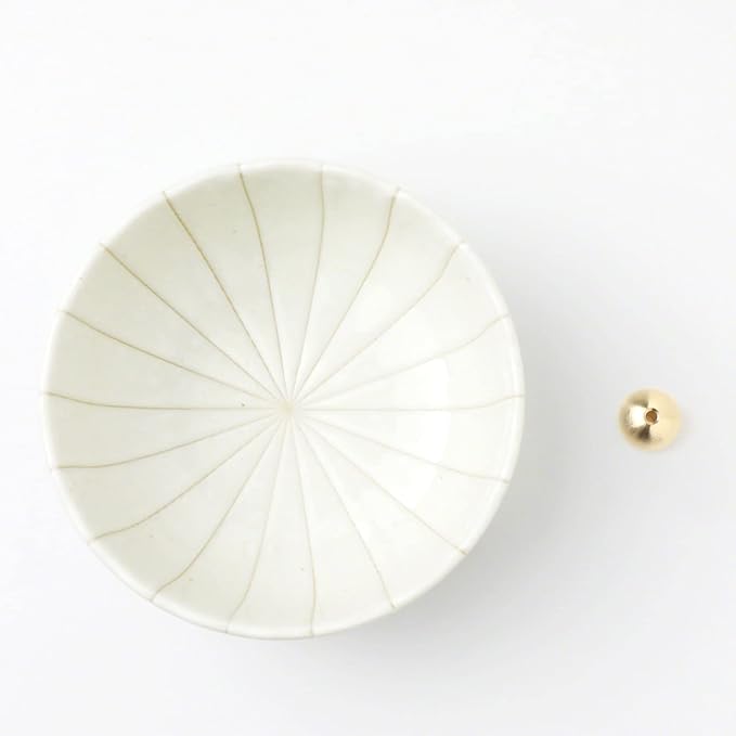 Asayu Japan White Lotus Incense Holder for Sticks 4.1 inch (105mm), Traditional Made in Japan Ceramic Ash Catcher and Brass Incense Burner Set, Japanese Incense Bowl