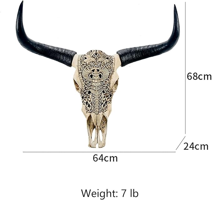 Long Horn Cow Skull, Cow Skull Wall Hanging Decor,Wall Hanging Boho Style Faux Longhorn Skull Faux Taxidermy Animal Head, Handmade Decor Home Sculpture Faux Bull Horns for Wall 27″*26″*10″ (Black)
