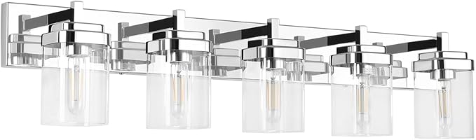 Vanity Light Fixture,5-Light Vanity Light for Bathroom,Chrome Bathroom Vanity Lighting Over Mirror with Square Clear Glass Shade for Restroom