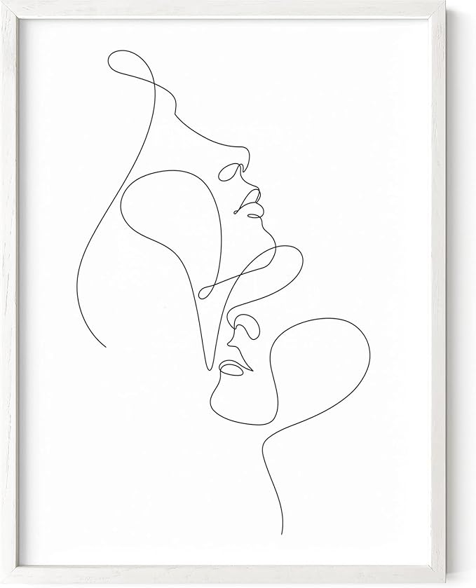 Minimalist Face to Face Wall Art Two Portraits Continuous Line Drawing 12x16 Inch Oak Wood White Framed Modern Aesthetic Profile Print for Bedroom Decor