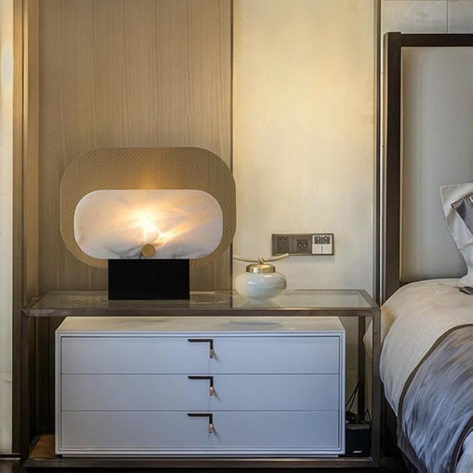 Enigma W Modern Bauhaus Alabaster Table Lamp with Black Iron Base | 2700K Warm White LED | Dimmable led lamp for Bedroom, Living Room, Office | W 42cm x H 36cm