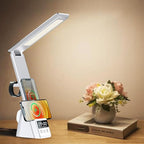 IHAO 6in1 Multifunctional Foldable LED Desk Lamp with Wireless Charger Digital Alarm Clock Eye-Care Lighting 3 Color Modes 15W Qi Charger for Phone/Headphones Compatible with iWatch Charger-N61 White