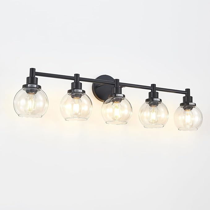 5-Light Bathroom Light Fixture Black Vanity Lights Over Mirror Modern Wall Sconce Farmhouse Vintage Bathroom Vanity Lighting with Glass Shade for Bedroom Hallway Cabinet Bathroom