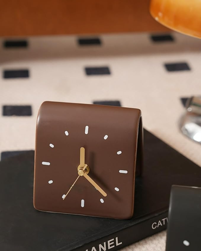 Creative Ceramic Tabletop Clock Simple Desk Alarm for Home Decor Living Room Bedside Silent Quartz (Brown)