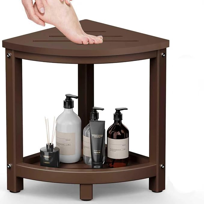 Shower Stool for Inside Shower, Corner Shower Bench Seat, HDPE Waterproof Shower Stool for Shaving Legs with Baffle Storage Shelf, Shower Seat/Foot Rest for Bathroom, Indoor/Outdoor Use, Brown
