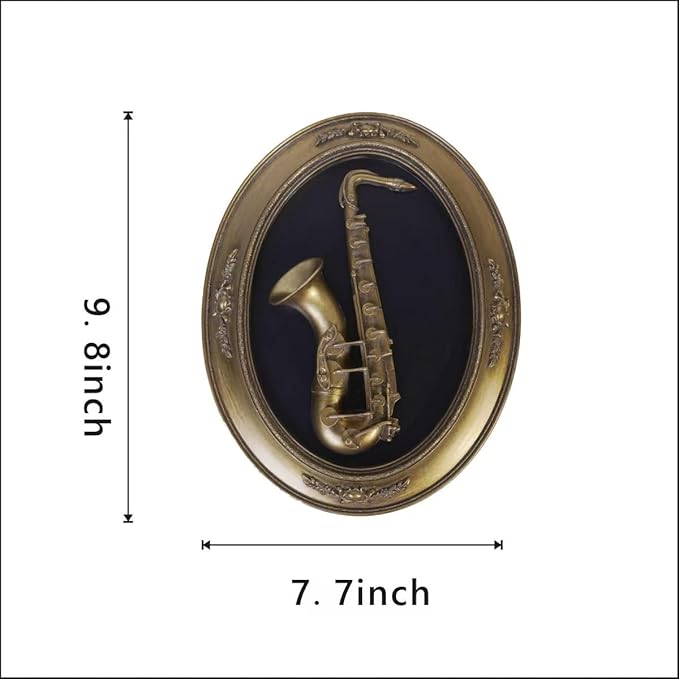 S-MANTIS Vintage Wall Sculpture,Antique Pediment,Hallway Wall Art,Hand Painted Instrument Wall Decoration Accent Artworks for Indoor Kitchen Bedroom Living Room Office Outdoor Garden Patio Oval (Bronze Saxophone)