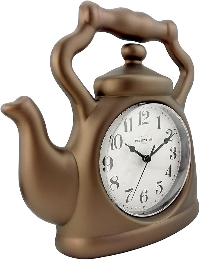 Presentime & Co. 11" Teapot Clock, Silent Non Ticking, Modern Farmhouse Style, Wall & Mantel 2 in 1 Desk & Shelf Clock, Bronze Finish for Wall, Home, and Tabletop Decor, Bronze Finish