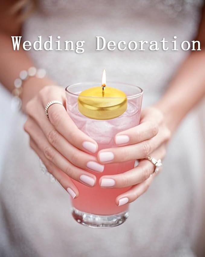 Floating Candles 3 inch Unscented and Non-Dripless Wax Burning for 13-15 Hours, 12 Pack Gold Floating Candles Used for Cylindrical Vases, Centerpieces at Parties Wedding and Home Decorations