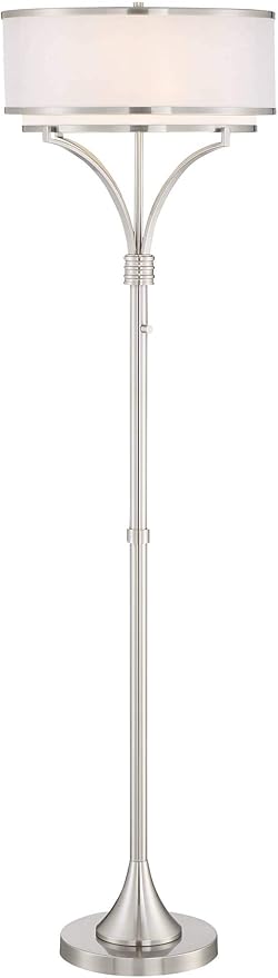 Possini Euro Design Candice Modern Standing Floor Lamp 64" Tall Brushed Nickel Dual Silver Organza White Linen Fabric Drum Shade Decor for Living Room Reading House Bedroom Home