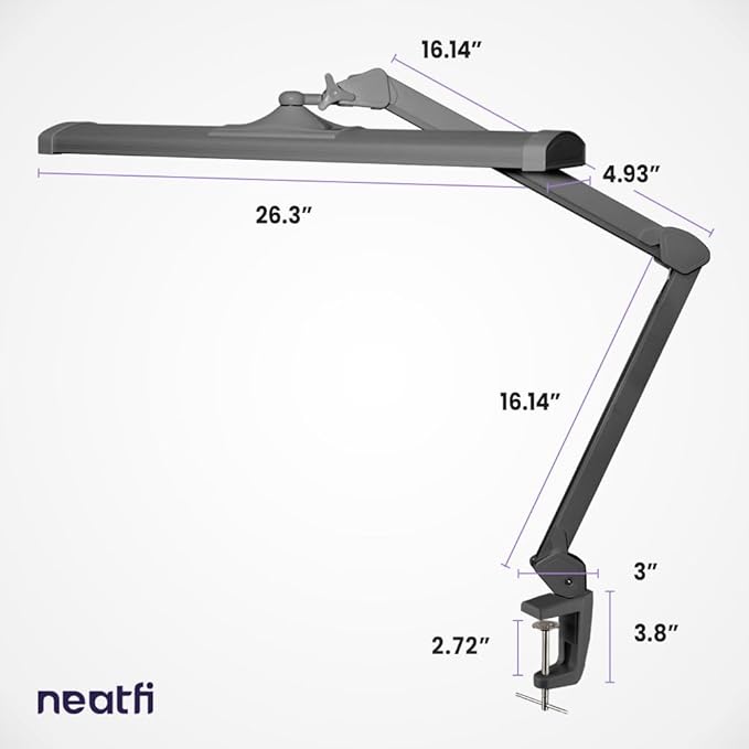 Neatfi LED Desk Lamp, 3,500 Lumens, 3 Light Modes, Dimmable, 45W, 26” Wide Shade, 540 SMD LEDs, Eye-Caring Task Lamp for Reading, Crafting, Workbench, Office (CCT with Clamp, Silver)