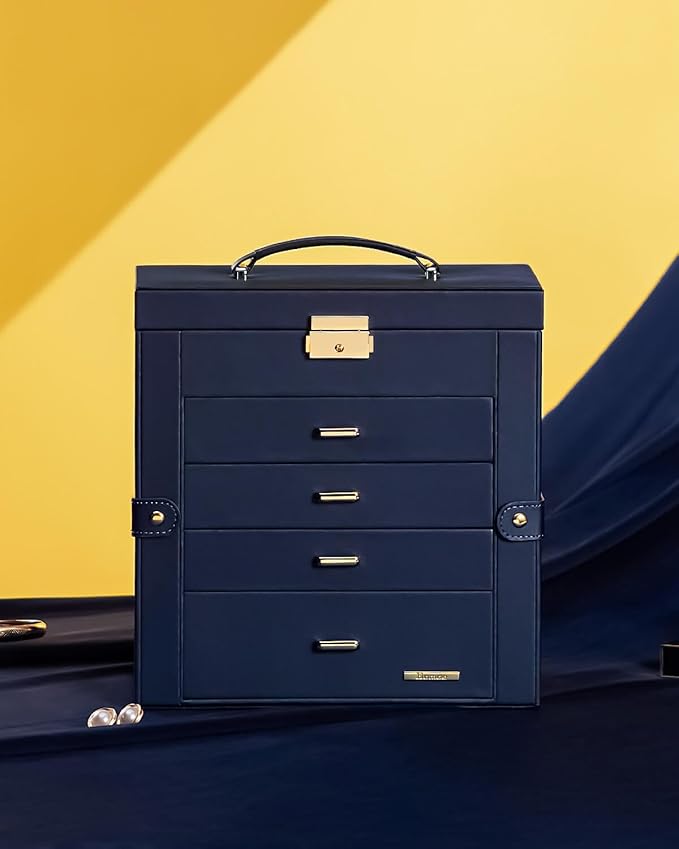 Homde Valentine's Day Gifts Synthetic Leather Huge Jewelry Box Mirrored Watch Organizer Necklace Ring Earring Storage Lockable Gift Case (Dark Blue + Gold)