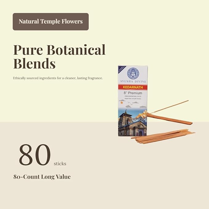 Premium Incense Sticks, 8 Inch, Made from Temple Flowers, Includes Incense Burner Stand, Kedarnath Scent, 80 Count, Palo Santo and White Sage Blend, Home Meditation Aromatherapy