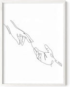 Minimalist Reaching Hands Wall Art Continuous Line Drawing Connection Symbol 12x16 Inch Oak Wood White Framed Aesthetic Modern Decor Print for Bedroom Living Room