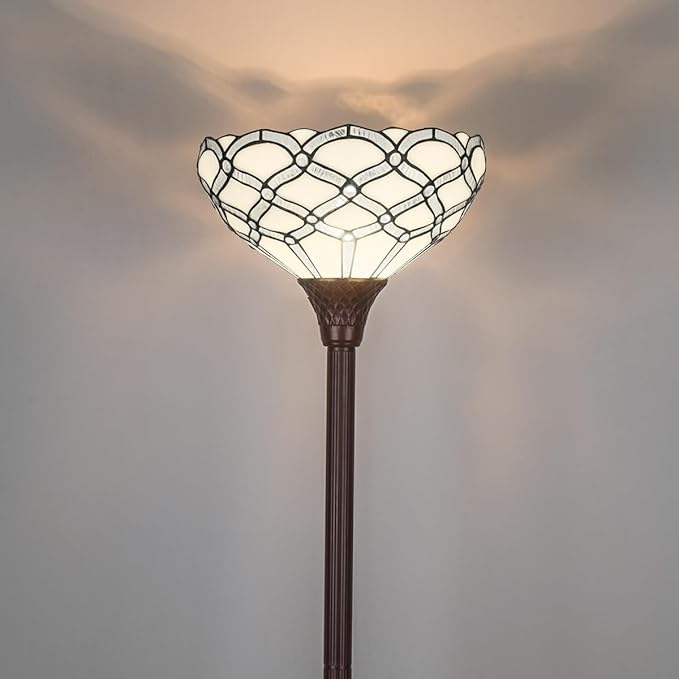 Tiffany Torchiere Floor Lamp,Handcrafted Stained Glass Lamp Shade,Antique Style Standing Corner Light for Living Room and Bedroom