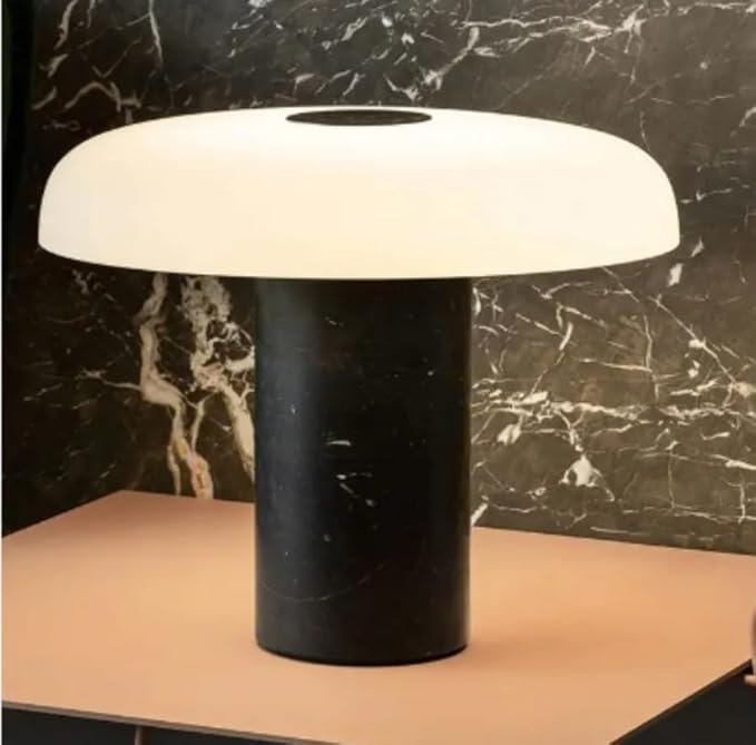 Mushroom Table Lamp | Solid Marble Black Base & Frosted Glass Shade | 3000K Warm White LED | Modern Lamp for Bedroom, Living Room, Office, Entryway, Desk, Small Spaces