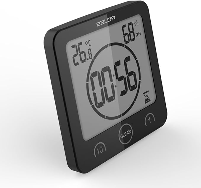 Baldr Digital Bathroom Clocks - 2 Pack Water-Resistant Shower Clock with Timer - Large LCD Display Digital Clock for Shower with Timer, Temperature and Humidity, Wall Clock for Bathroom, Black