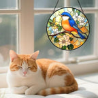 Bluebird Stained Glass Suncatcher – Tiffany Style Blue & Orange Bird Window Hanging, Round Glass Sun Catcher with Flowers for Home Window Decor, Nature Lover Gift