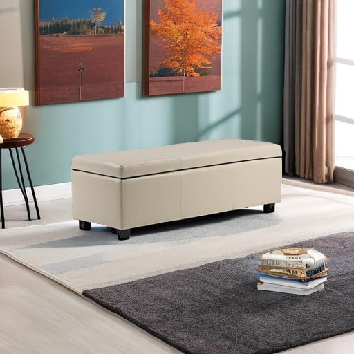 SIMPLIHOME Avalon Storage Ottoman Bench - 48 inch Wide Upholstered Vegan Leather Rectangular Lift-Top Ottoman in Satin Cream, Contemporary Storage Bench for Living Room with High-Density Foam